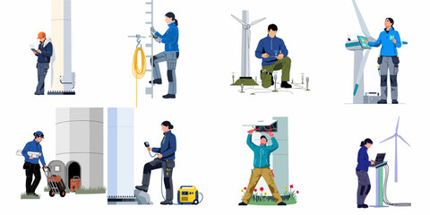 Fototapeta premium Collection of wind energy technicians and engineers performing maintenance, inspection, and installation tasks on wind turbines in a flat vector illustration style.