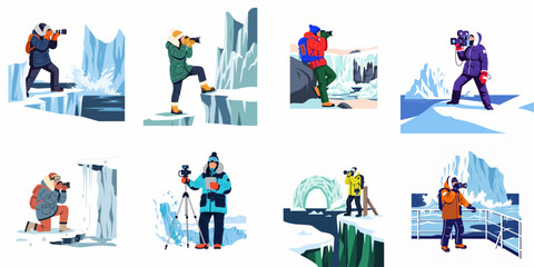 Illustrations of photographers and filmmakers documenting arctic landscapes, icebergs, and frozen environments during a winter expedition in extreme cold weather. © Sugik