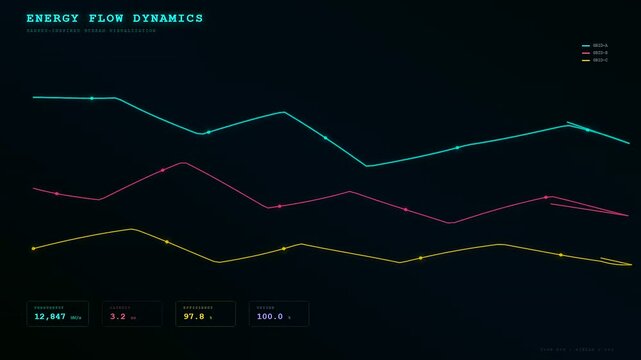 An intricate Energy Consumption Dashboard exhibiting fluid fluctuations of power metrics through neon chromatic vectors as data points migrate across a dark digital interface surface