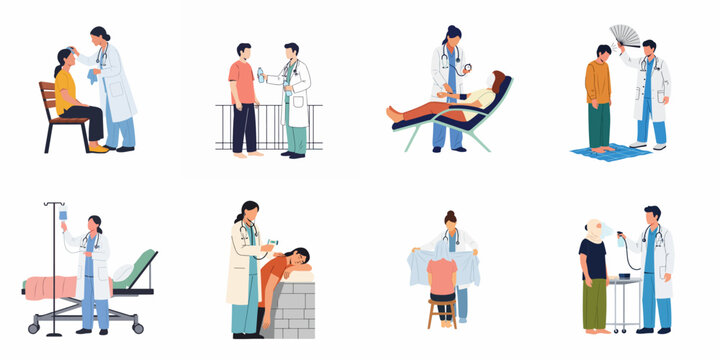 Flat vector illustration set of medical professionals providing first aid and heat exhaustion treatments like cooling, hydration, and checkups to patients.