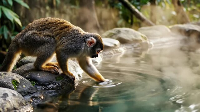 Small Monkey Reaching Into Steaming Water on Rocky Shoreline