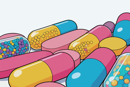 Colorful capsules and pills scattered on a plain surface during daylight hours in a simple setting