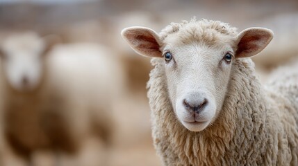 Obraz premium Close-Up View of a Sheep Featuring Soft Wool and Expressive Eyes Amidst a Flock on a Pastoral Farm, Capturing the Essence of Rural Life and Livestock.