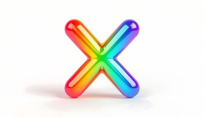 Naklejka premium A captivating, glossy 3D rendering of the uppercase letter X, adorned with a vivid rainbow spectrum on a bright white setting.