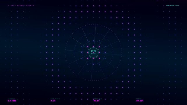 An Energy Consumption Dashboard visualizing power fluctuations through a pulsating circular interface with radiating data streams and rapidly incrementing numerical values for systemic monitoring