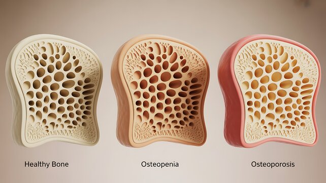 3D cross-section of human bone structure with varying density. Comparison of healthy bone, osteopenia, osteoporosis. Porous trabecular tissue anatomy, skeletal system, medical education, healthcare.