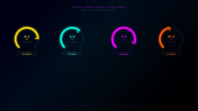 A sleek futuristic Energy Consumption Dashboard animates seamlessly through sequential stages showing fluctuating power levels with vibrant neon telemetry gauges against a deep obsidian void backdrop