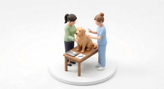 動物病院で獣医師から混合ワクチンの注射を受ける大型犬の3Dイラスト
