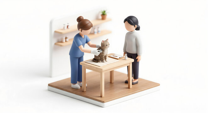 動物病院の診察室で聴診器を使い猫の健康診断を行う獣医師の3Dイラスト
