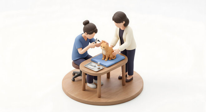 耳鏡を使って猫の耳の検査を行う獣医師と付き添う飼い主の3Dイラスト
