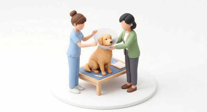 手術後や怪我の保護のためにエリザベスカラーを装着する犬の3Dイラスト
