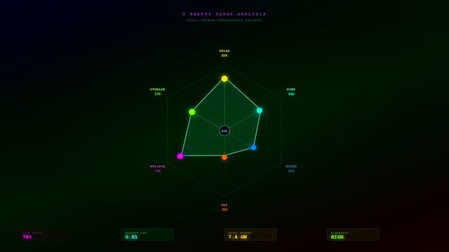 An animated energy consumption dashboard displaying a pulsating hexagonal radar chart that expands to visualize fluctuating power metrics within a sleek futuristic cybernetic interface environment