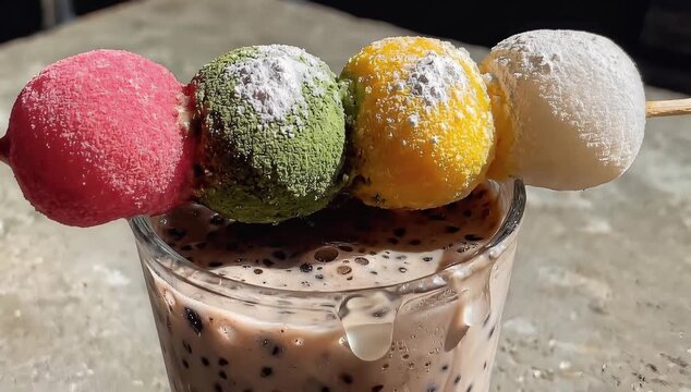 Colorful Dango Skewers on a Glass of Boba Tea Delicious Dessert.