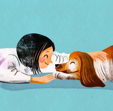 Girl Gently Reaching Out to Her Lying Dog