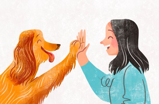 Girl Giving High Five to Her Dog