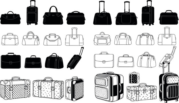 Collection of travel bags and suitcases isolated on white background, luggage set with backpacks and handbags vector illustration