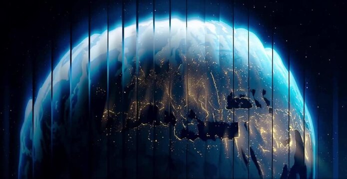 Earth globe glowing with city lights behind vertical glass panels moving in a digital animation sequence of global communication and modern connectivity