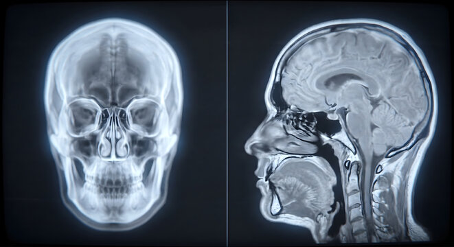 人間の頭蓋骨と脳の断面図（正面と側面）のMRI・レントゲン画像イメージ
