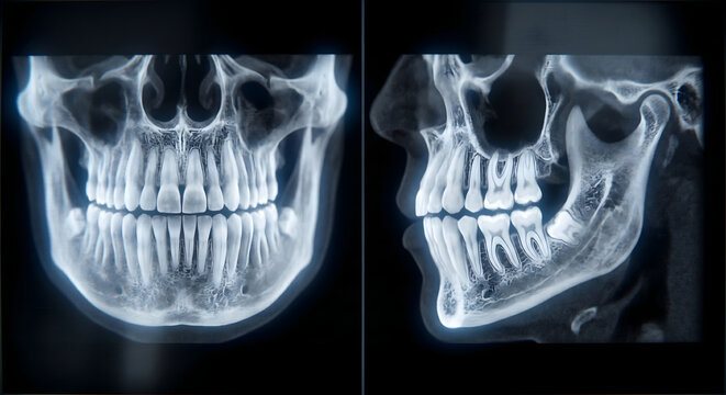 歯科診断用パノラマレントゲン風の歯と顎の骨の正面および側面イメージ
