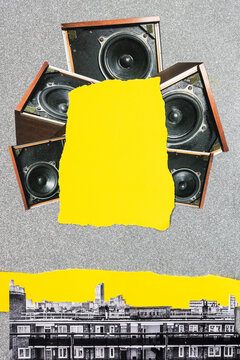Analog collage speakers and yellow color block