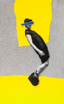 Analog collage non binary dancer on silver and yellow background