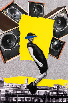 Analog collage, non binary model in front of speakers