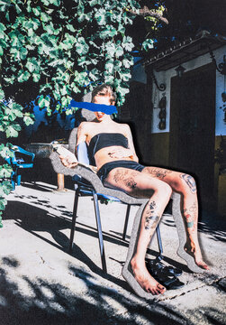 Analog collage, solitary moment reading in sun