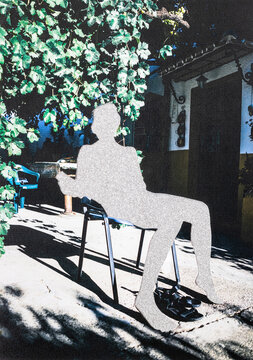 Analog collage Silhouette of a Person Sitting on a Chair in Garden