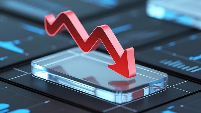 Downward arrow symbol decline and negative market trend as a red icon on a glass digital interface button. Financial decline, risk, volatility, decreasing performance in technology and economic