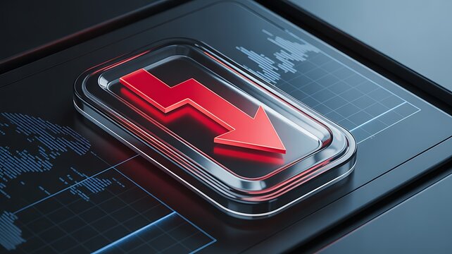Downward arrow symbol decline and negative market trend as a red icon on a glass digital interface button. Financial decline, risk, volatility, decreasing performance in technology and economic