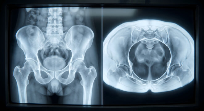 骨盤骨と股関節および脊椎下部のレントゲン・CTスキャンの正面および上面イメージ
