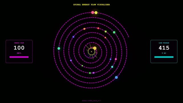 A futuristic Energy Consumption Dashboard exhibits a dynamic spiral flow of luminous particles representing oscillating data streams across a dark digital holographic interface for analysis