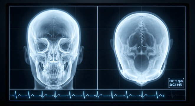頭部レントゲン画像と心電図・バイタルサインを表示する医療用モニタリング画面の3Dイメージ
