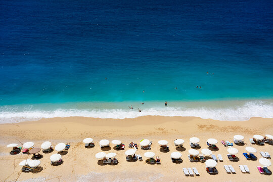 High angle, long shot of Kaputaş Beach,Turkey with people on the beach