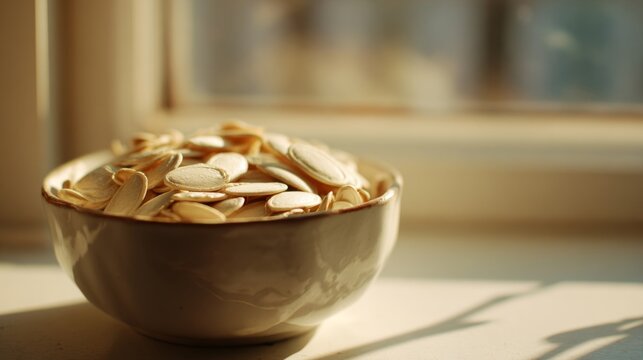 A Ceramic Bowl Filled with Whole Pumpkin Seeds Illuminated by Natural Window Light, Offering a Healthy and Delicious Snack Option