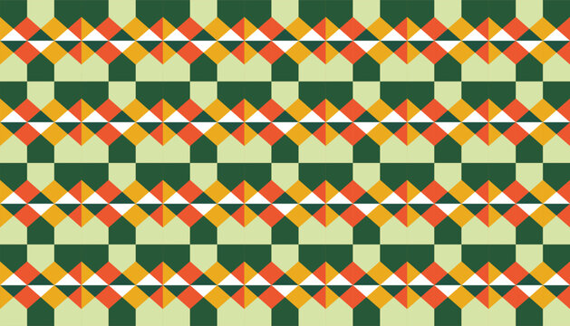 Modern ethnic geometric background featuring repeating rhombus ornaments and vintage green tones