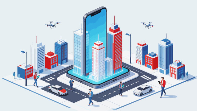 Smart city with giant phone and people