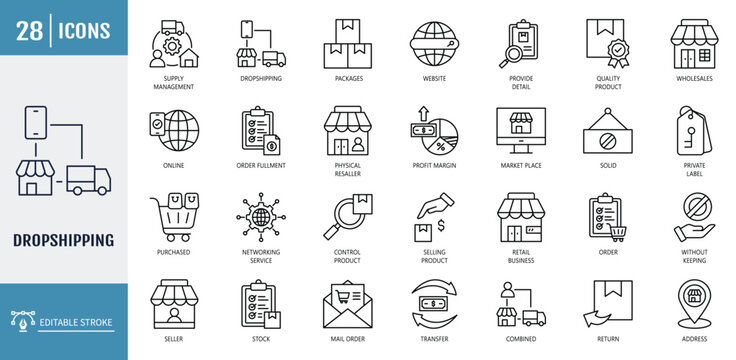 Dropshipping icon set. Icons related to retail business, seller, customer, orders, without keeping, stock, supply management. Outline icon set. Vector illustration with editable stroke