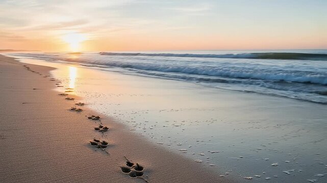 Footprints on Sandy Beach at Sunset with Ocean Waves