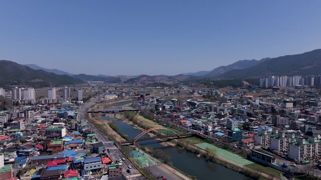 Aerial Drone Footage of Peaceful Ocheon Port and Chungcheong Suyeongseong Fortress, Boryeong, South Korea