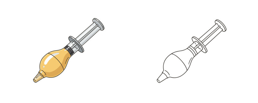 Kitchen basting syringe in cartoon and line art style with yellow and grey colors used for injecting sauce and marinating meat for barbecue