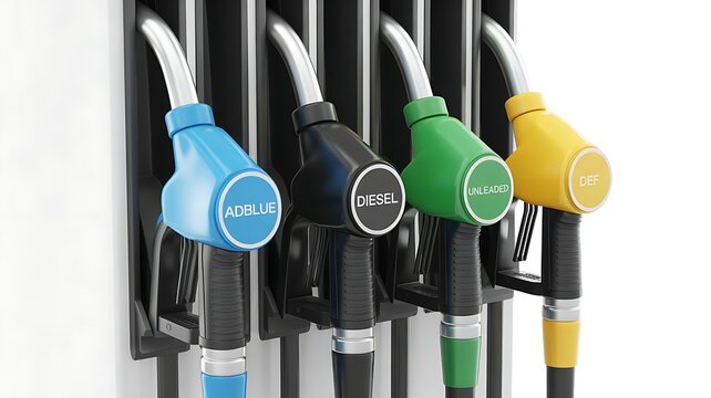 Fuel dispenser nozzles. 3D gas station pump guns for AdBlue, diesel, gasoline, DEF. Energy industry, automotive fuel distribution, gas station branding, petroleum marketing, transportation, refueling