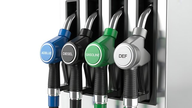 Fuel dispenser nozzles. 3D gas station pump guns for AdBlue, diesel, gasoline, DEF. Energy industry, automotive fuel distribution, gas station branding, petroleum marketing, transportation, refueling