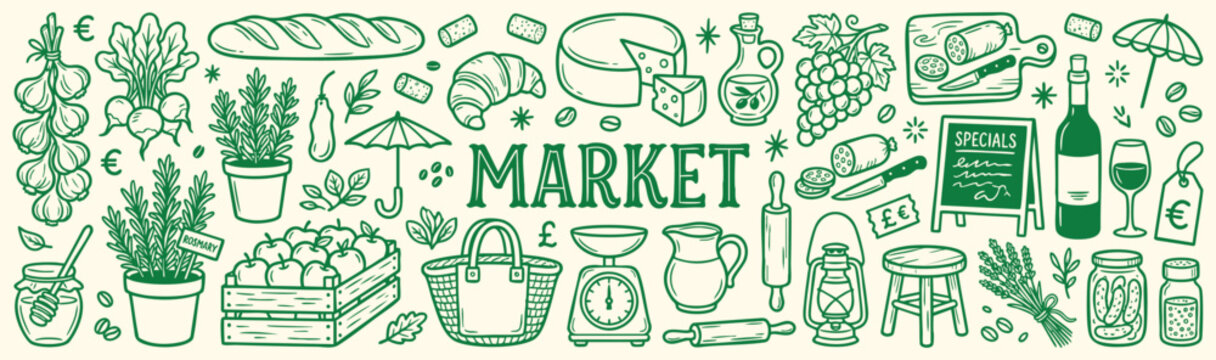 Hand drawn green farmers market icon set. Vegetables, fruits, bread, cheese, herbs, wine, scale, basket, cutting board, utensils. For organic food store banner. Vector graphic art.