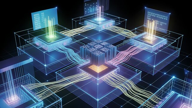 Integrated circuit architecture, abstract digital information multilayer network grid representing data flow, quantum computational systems, virtual infrastructure design. Microprocessor cores, 3D