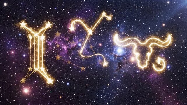 Astrological Constellations and Zodiac Symbols in a Starry Night Sky.