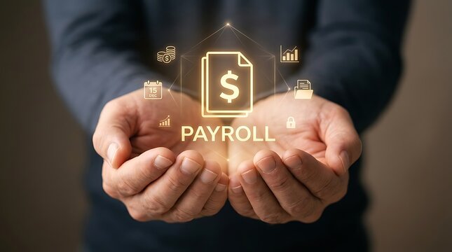 Businessman holding digital payroll and financial management icons in hands for payroll processing and employee compensation concepts