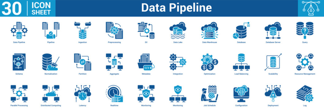 Data Pipeline editable icon set vector illustration concept for business with icon of Data Pipeline, Pipeline, Ingestion, Preprocessing, Etl, Data Lake, Data Warehouse, Database, Database Server.