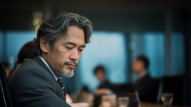 男性がオフィスの会議室で夕方に同僚と会議中にこちらを見るポートレート