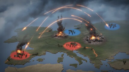 Naklejka premium Russia attacks Ukraine. Russian forces surrounded Ukraine, firing missiles on cities, military targets. Military intervention, war crisis. The Russian troops invasion of Ukraine, danger for Europe.